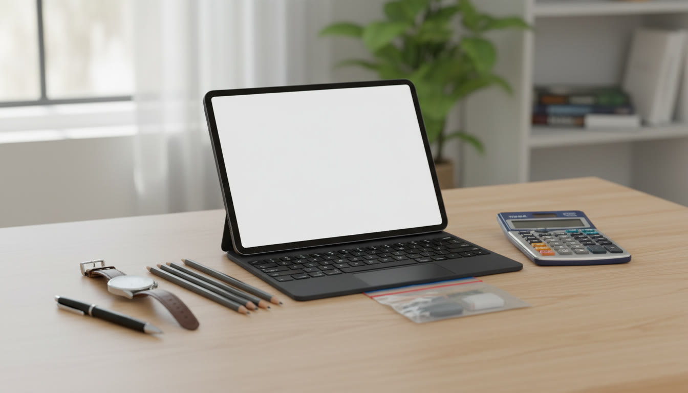 Photo Idea : A small staged layout of an AP test desk: a non-smart watch, No. 2 pencils, a pen, an approved calculator, and a charged tablet with an external keyboard—neatly arranged to illustrate the approved items for a digital exam. Place this image near the checklist or packing section to visually reinforce the items students should prepare.
