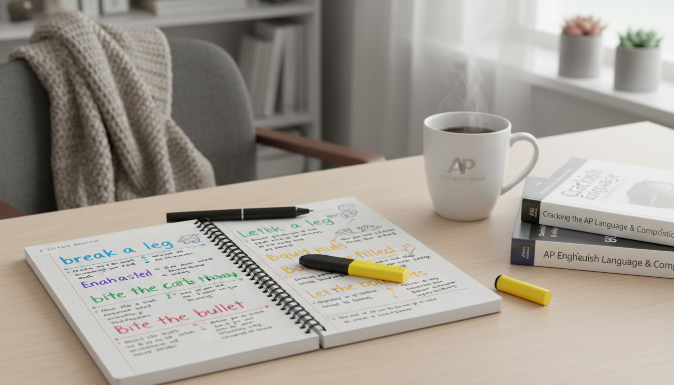 Photo Idea : A study desk with a notebook open to a page full of colorful idioms and margin notes — pen, highlighter, and a coffee cup visible to suggest focused, cozy study.