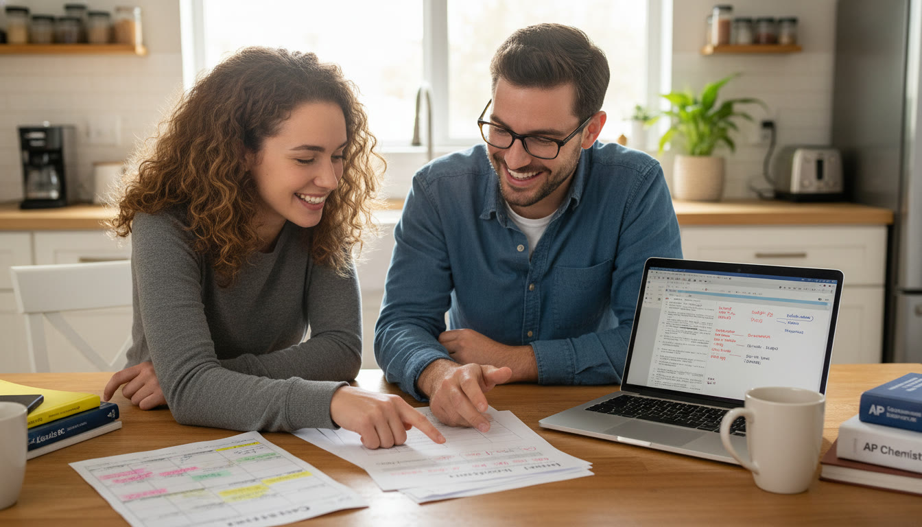 Photo Idea : A student and tutor at a kitchen table smiling while reviewing a practice test, with a laptop showing annotated mistakes and a printed weekly planner; conveys collaborative, personalized support.
