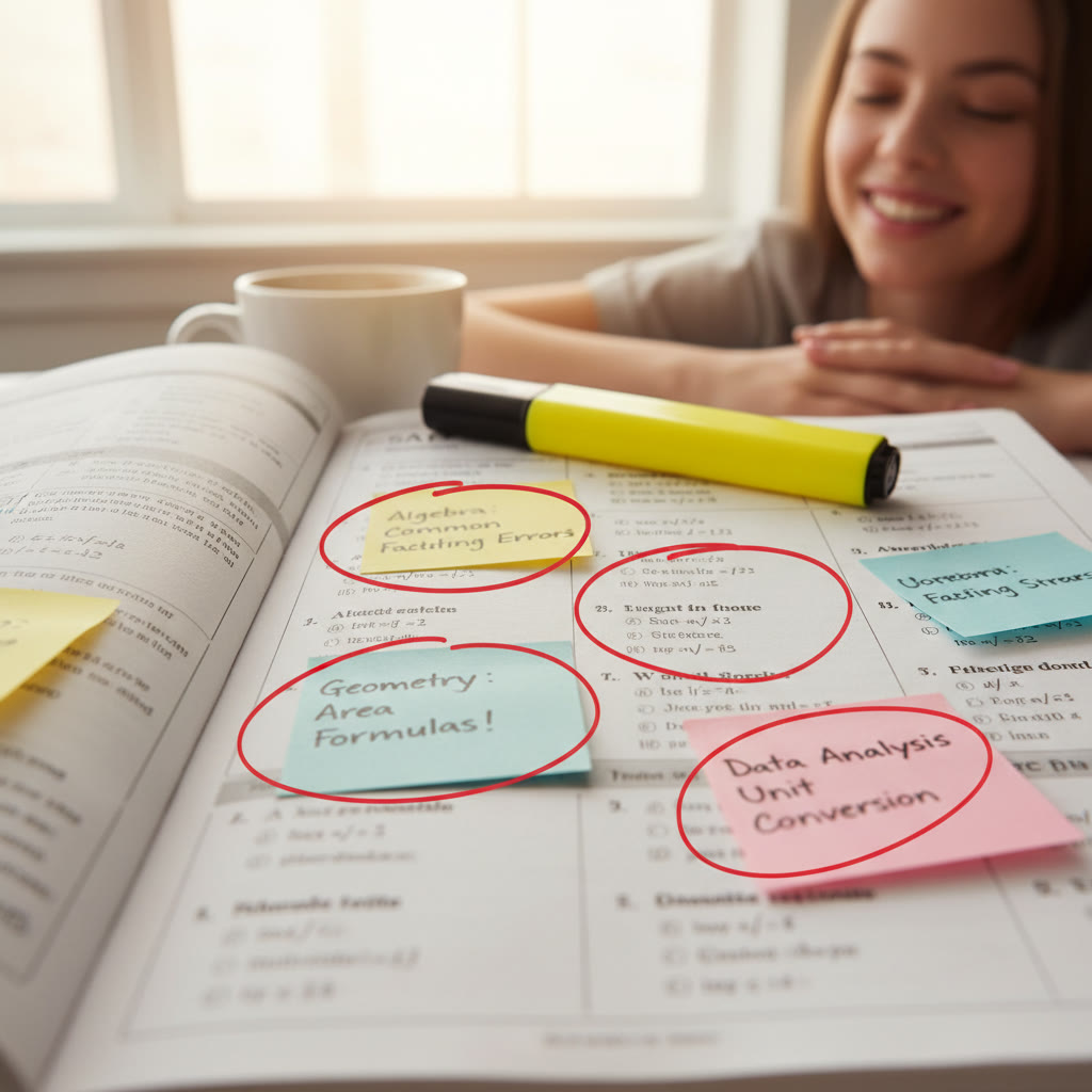 Photo idea: Close-up of a practice test with circled problems and sticky notes highlighting recurring mistake types.