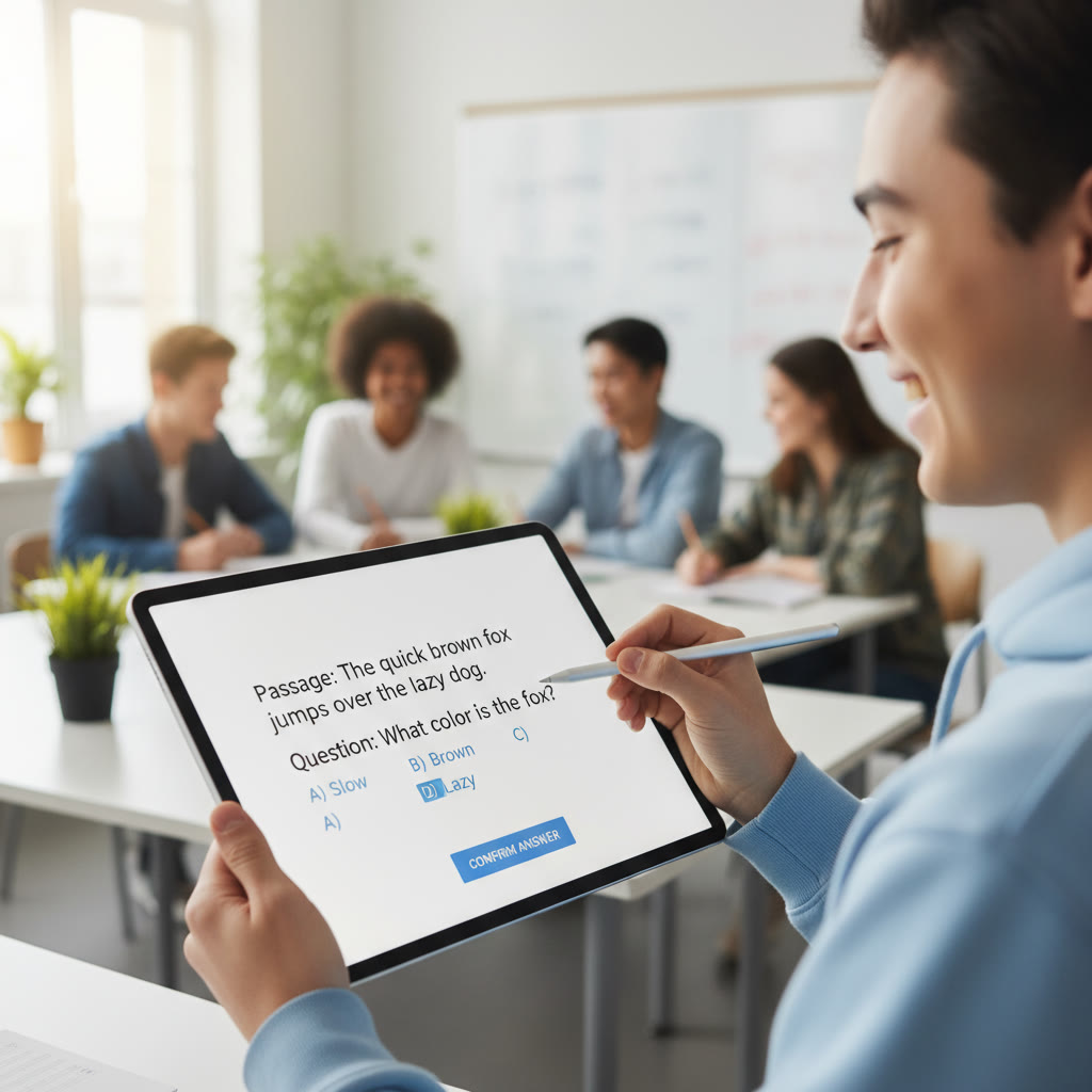 Photo Idea : A close-up of a tablet screen showing a Digital SAT practice question, with a student’s hand using a stylus. Modern classroom setting, bright and focused composition.