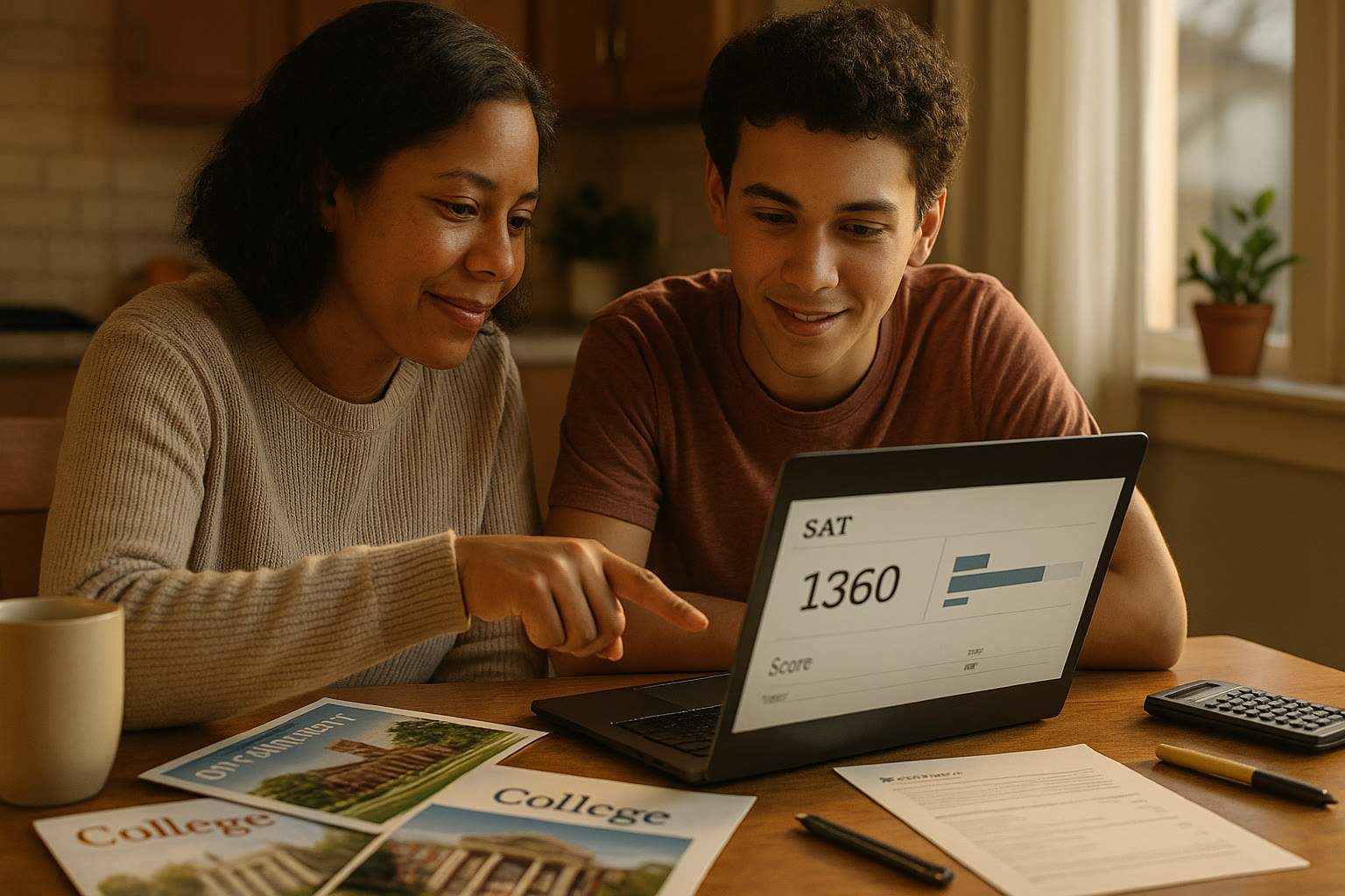 Photo Idea : A warm, candid photo of a parent and teen sitting at a kitchen table, reviewing a laptop with SAT score data and college brochures spread out, sunlight streaming in.