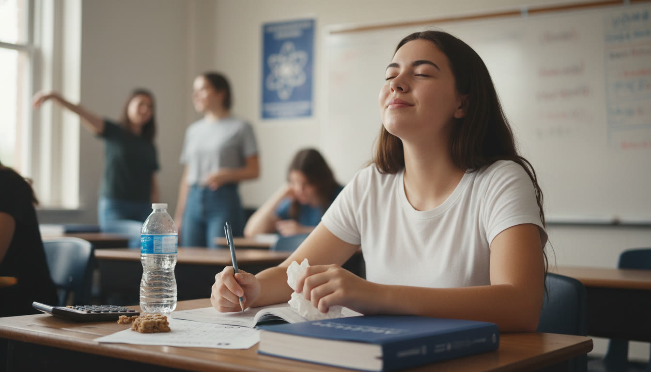 Photo Idea : A close-up photo of a student sitting at a desk during an exam break, eyes closed, taking a deep breath. Natural light, neutral background, conveys calm and focus.