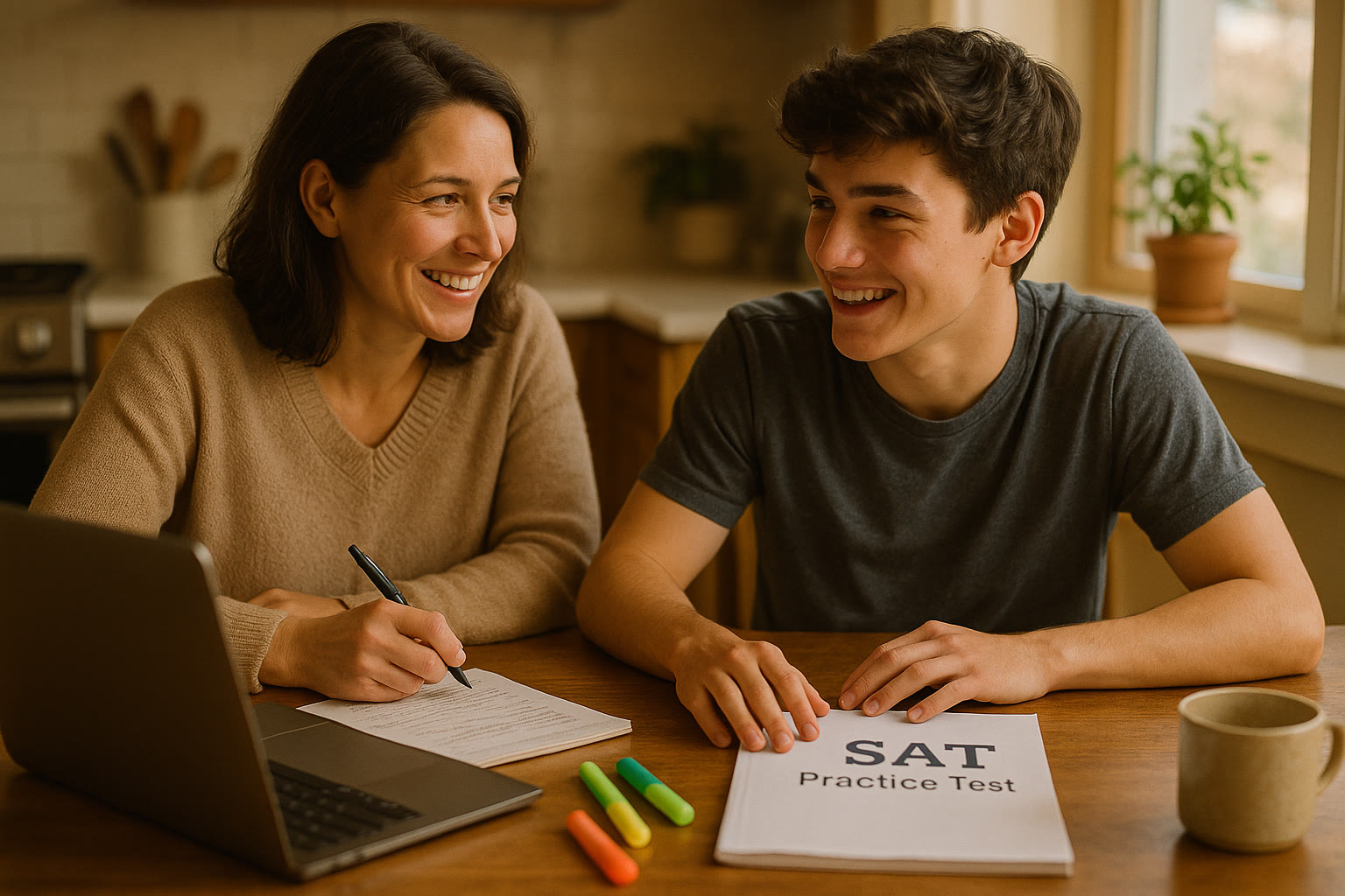Photo Idea : A candid, warm photo of a parent and teen sitting at a kitchen table with a laptop and mock SAT booklet between them, both smiling and in conversation — the scene suggests collaboration, not confrontation.