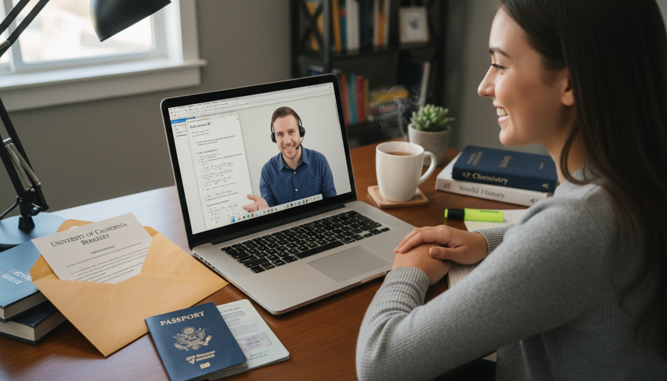 Photo Idea : A cozy study scene with a student and a tutor (virtual or in-person) reviewing AP practice problems on a laptop, while a printed admission letter and passport lie nearby. This image should convey focused preparation and the practical link between AP work and admission/visa outcomes.