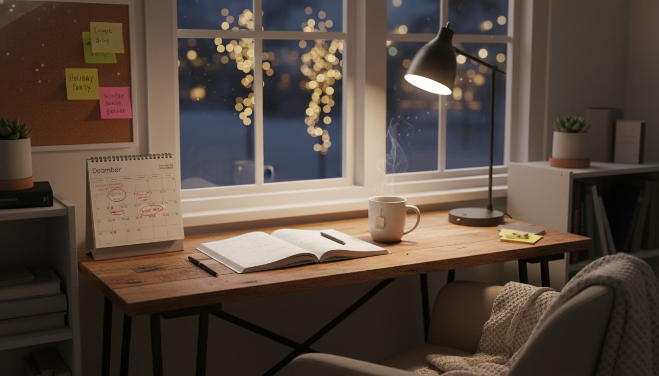 Photo Idea : A cozy study nook by a window with twinkling lights outside, open notebook, a cup of tea, sticky notes, and a calendar showing holiday dates—captures balance between celebration and focus.