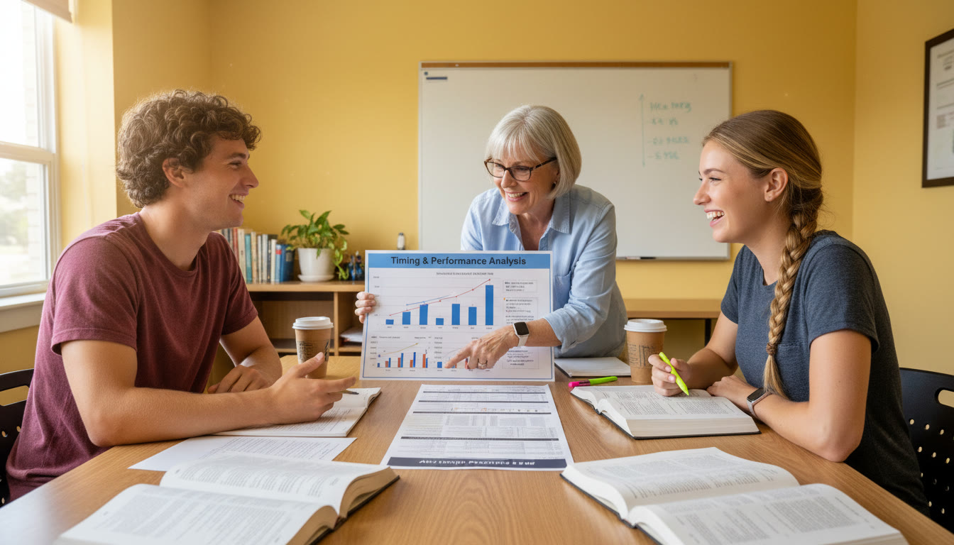 Photo Idea : Two students reviewing a printed full-length exam in a small study room with a tutor pointing at a timing chart — emphasizes collaborative review and data-driven adjustments.