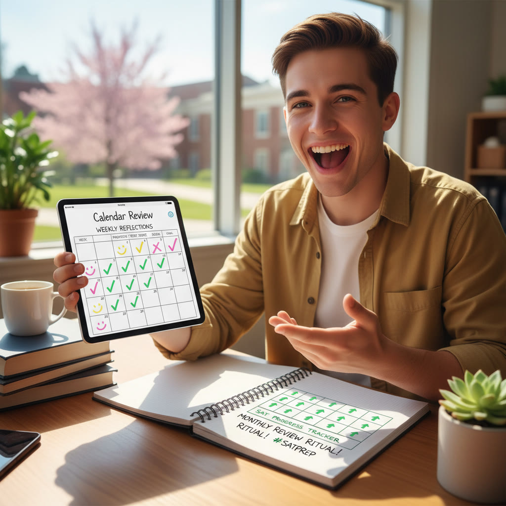 Calendar review: a student sitting with a tablet and notebook, reviewing weekly reflections and a table of progress—caption suggests a monthly review ritual.