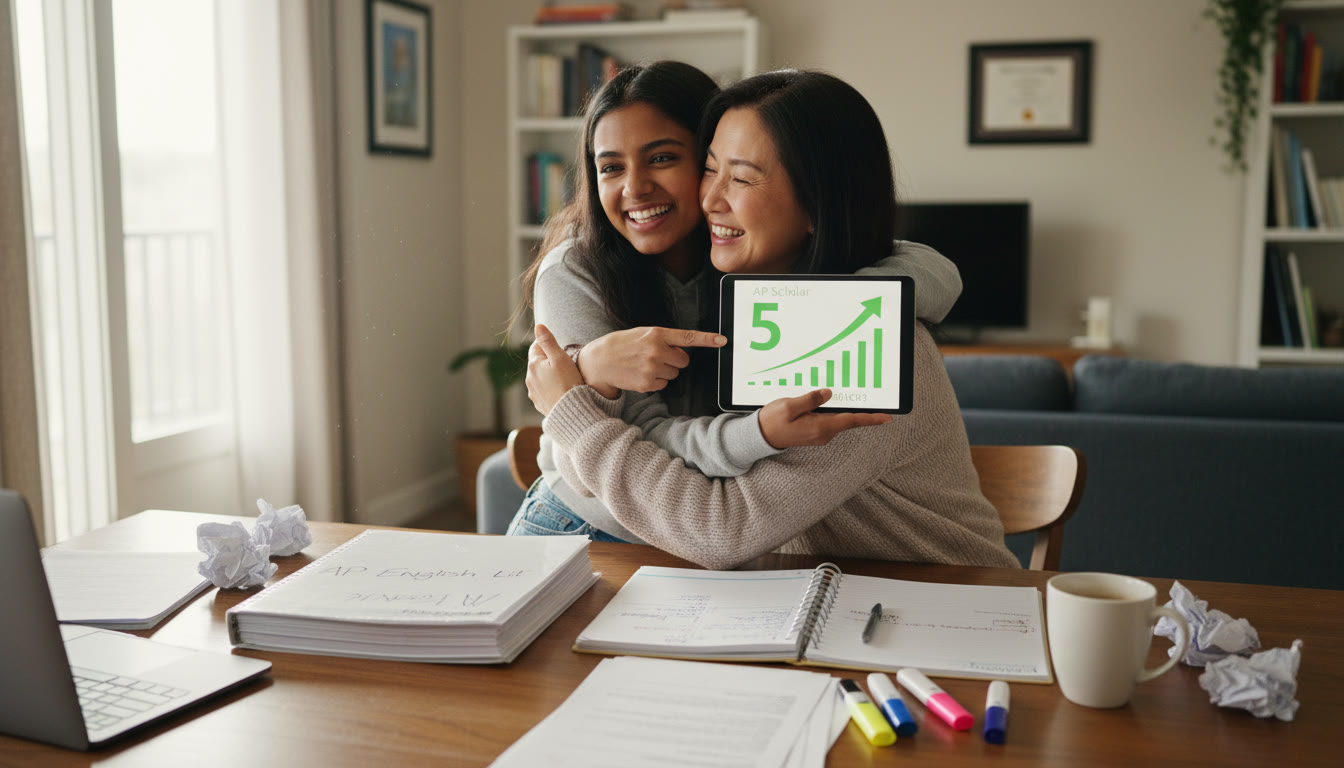 Photo Idea : A small victory scene: the student celebrating a higher AP score with a parent, a congratulatory hug, and a visible study binder and planner on the table — candid, upbeat, and hopeful.