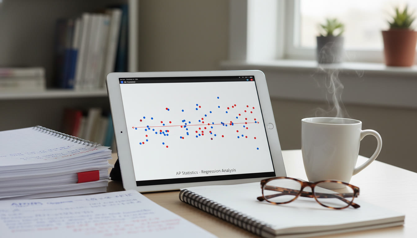 Photo Idea : A tidy study desk with printed lab notes, a tablet showing a residual plot, and a cup of coffee; the scene conveys focused revision and thoughtful analysis.