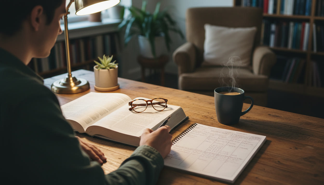 Photo Idea : A cozy study scene — an open Latin textbook, a notebook with handwritten morphology tables, and a cup of coffee. The photo should feel calm and purposeful, illustrating a student actively engaging with Latin sight reading.