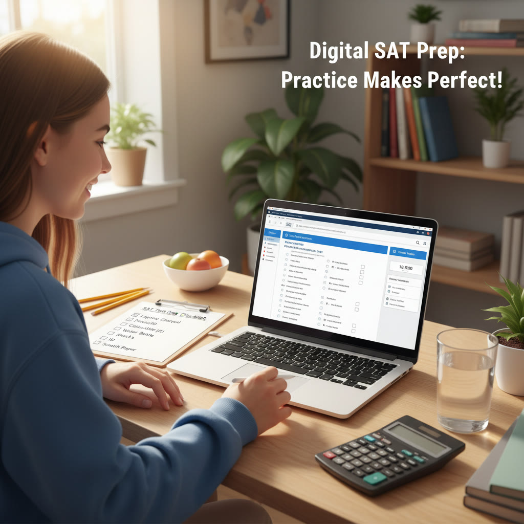 A student taking a practice digital SAT on a laptop with a printed checklist and pencils nearby, simulating test-day conditions.