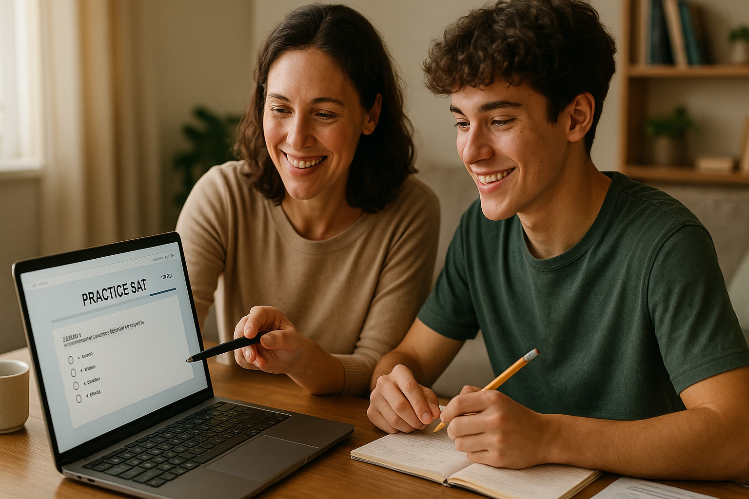 Photo Idea : A calm image of a tutor guiding a student over a laptop with a digital practice SAT screen visible, both smiling—conveys focused, personalized support in a home setting.