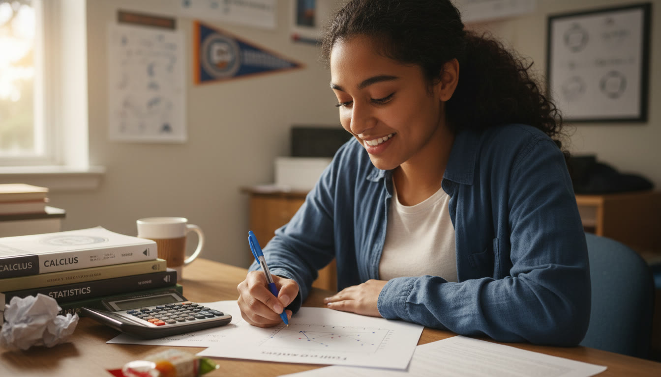 Photo Idea : A close-up, slightly angled photograph of a student at a desk with a printed scatterplot and a calculator, pen poised — conveys focused exam practice in a realistic setting.