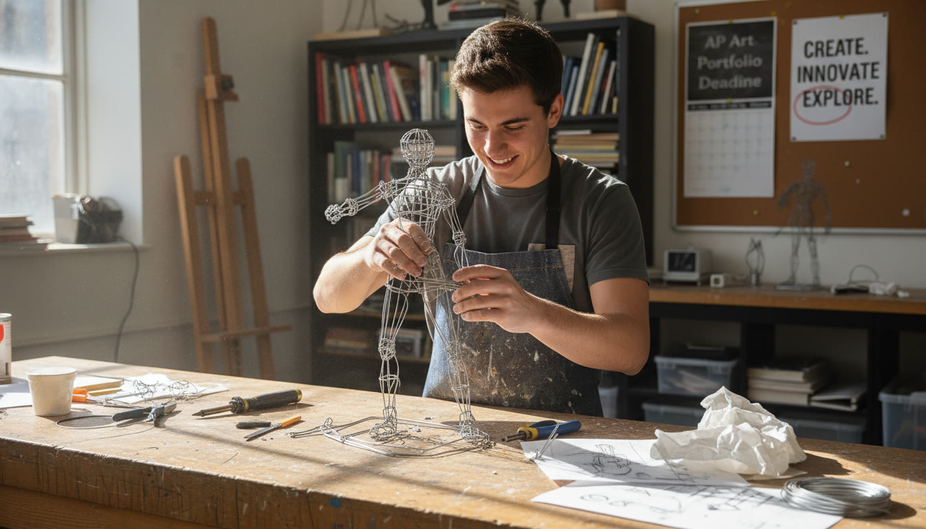 Photo Idea : A student in mid-construction, hands-on a workbench with clamps and a partially built armature; natural light highlights textures and the work-in-progress energy of the studio.