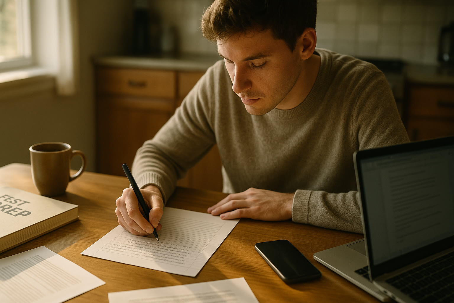 Photo Idea : A student writing a personal essay at a kitchen table with a test prep book and a laptop nearby, sunlight streaming in—conveying focused, balanced preparation.