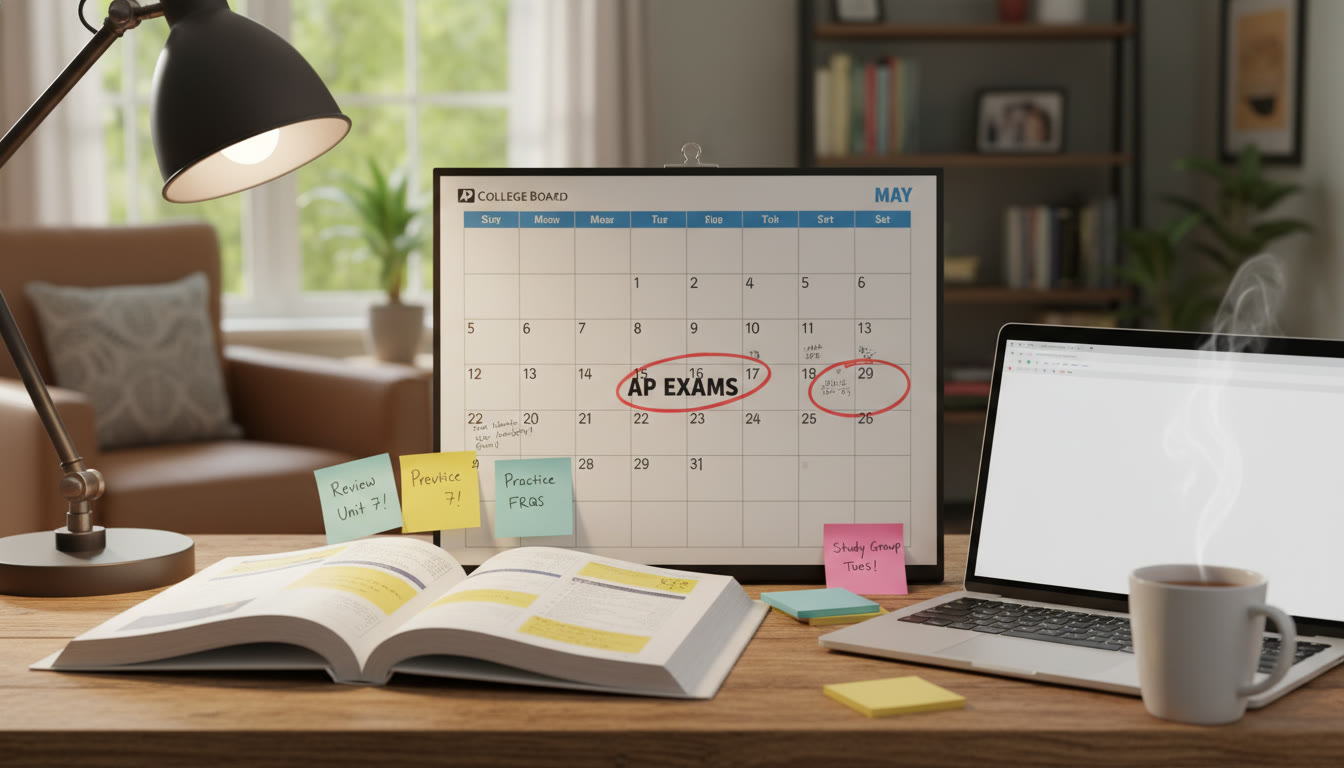 Photo Idea : A cozy desk setup with an open AP practice book, a calendar circled around May exam dates, and sticky notes — illustrating planning, focus, and preparation during a gap year.