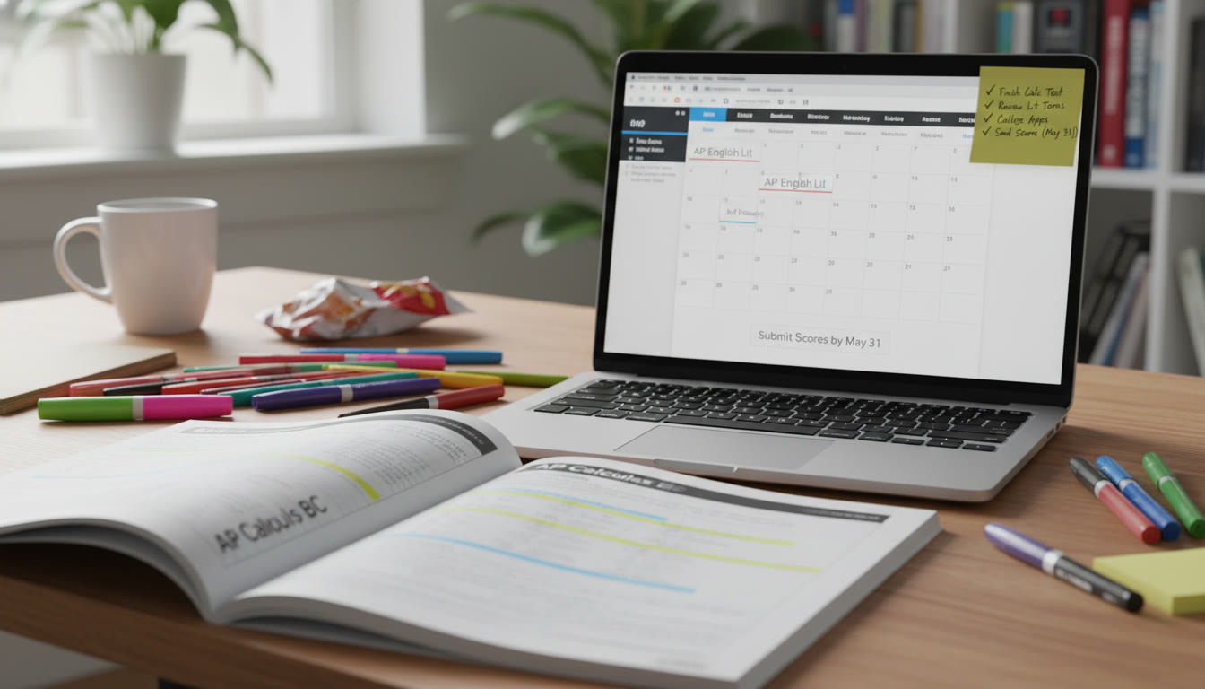 Photo Idea : A close-up shot of a student’s desk with AP prep materials — practice test booklet, highlighters, a laptop open to a study plan, and a sticky note checklist showing score-send deadlines.