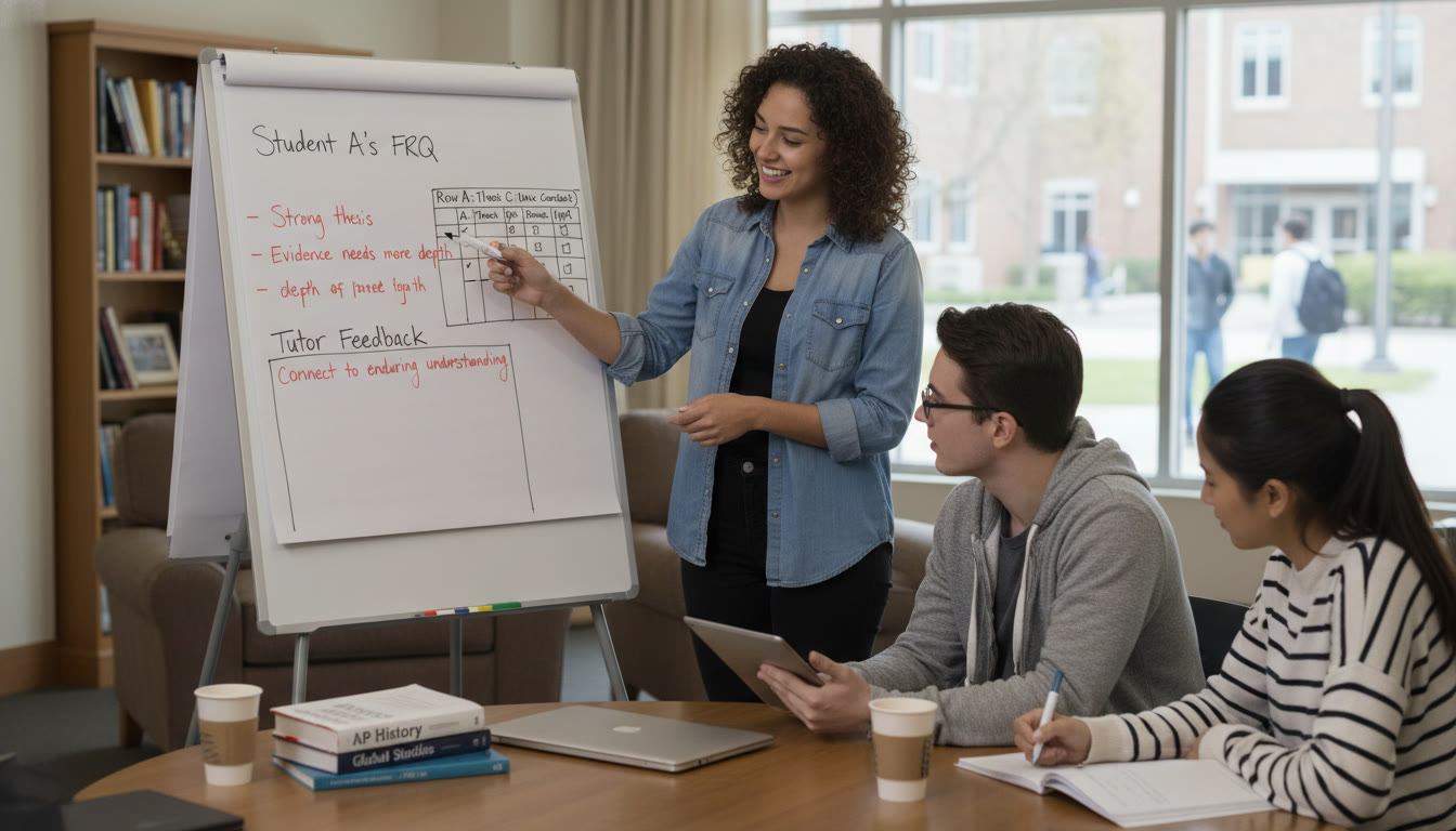 Photo Idea : A small group tutoring session where a tutor reviews a student’s free-response answer on a whiteboard; the focus is on feedback and a sample rubric. This image should appear near the section discussing personalized tutoring to show human-led guidance.
