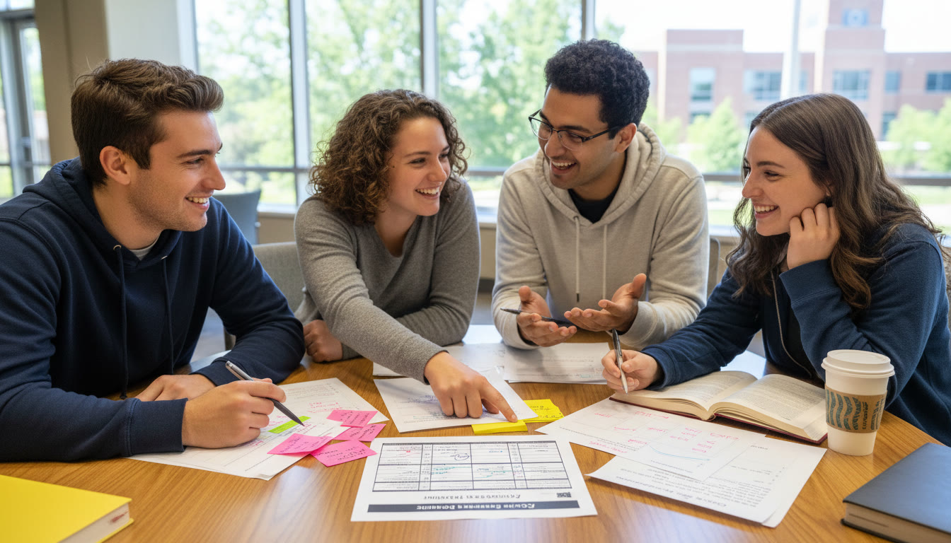 Photo Idea : A small group of students in discussion around a table with annotated papers and a rubric visible—conveys peer-led debriefs in action and the collaborative spirit of AP capstone work.