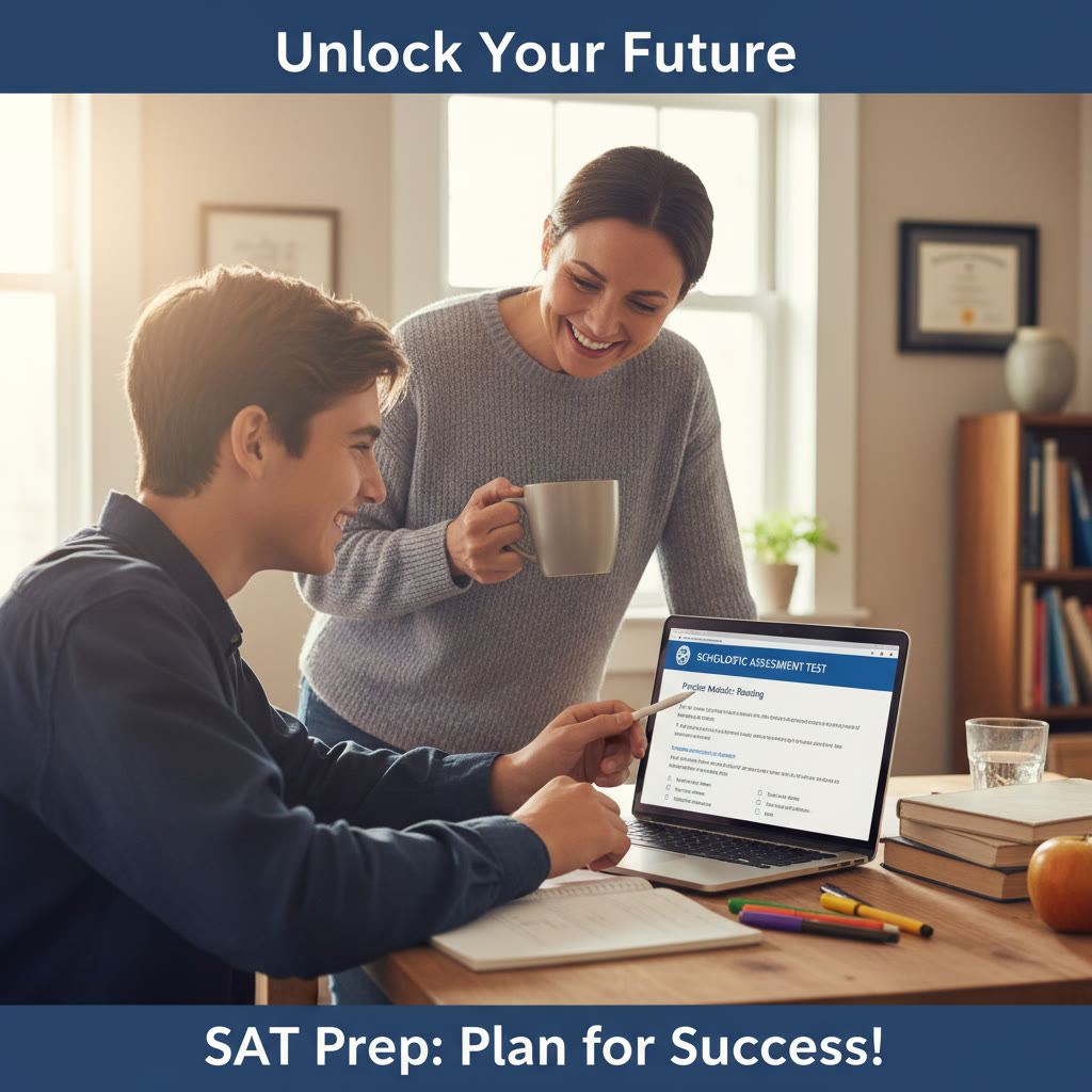 Photo Idea : A warm, candid photo of a high-school student studying at a desk with a laptop showing digital SAT practice; parent nearby holding a cup of coffee, both smiling and planning.