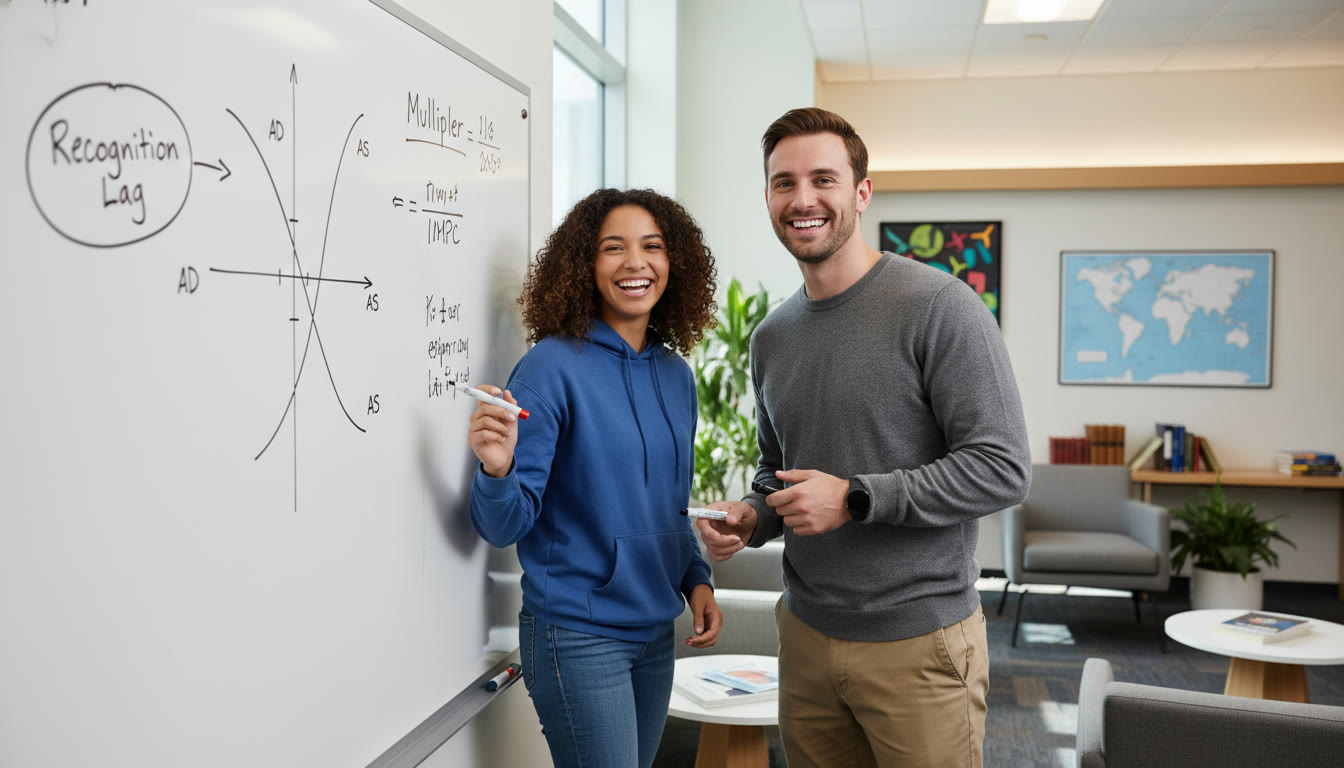 Photo Idea : A student and a tutor at a whiteboard drawing AD/AS curves with notes that read “Recognition Lag” and “Multiplier = 1/(1−MPC)”. This emphasizes collaborative, personalized learning and fits naturally with the tutoring mention above.