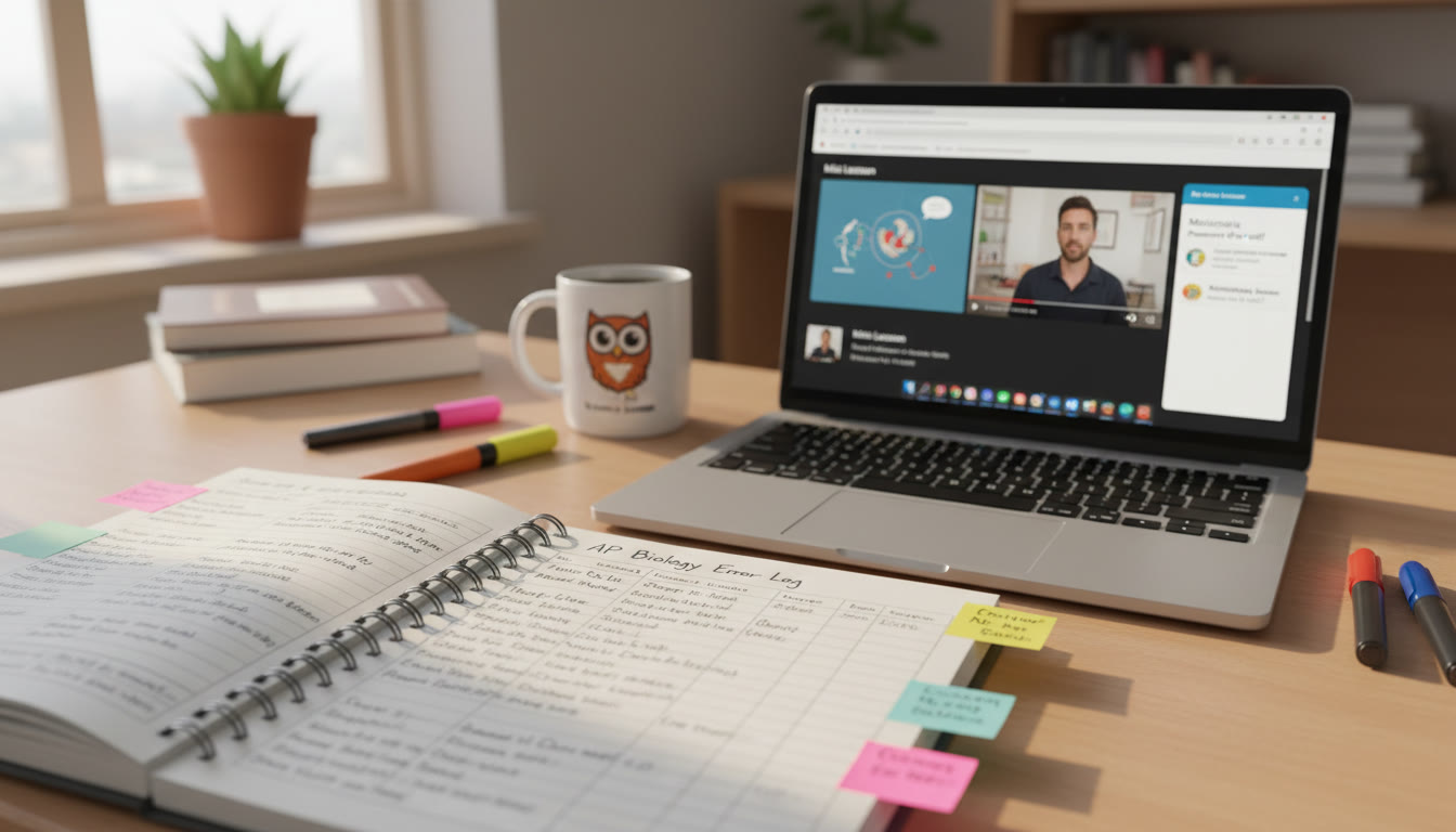 Photo Idea : A close-up of a filled-in error log and a laptop showing a mini lesson, with colorful sticky notes marking follow-up actions — visualizing the bridge from mistakes to targeted study.