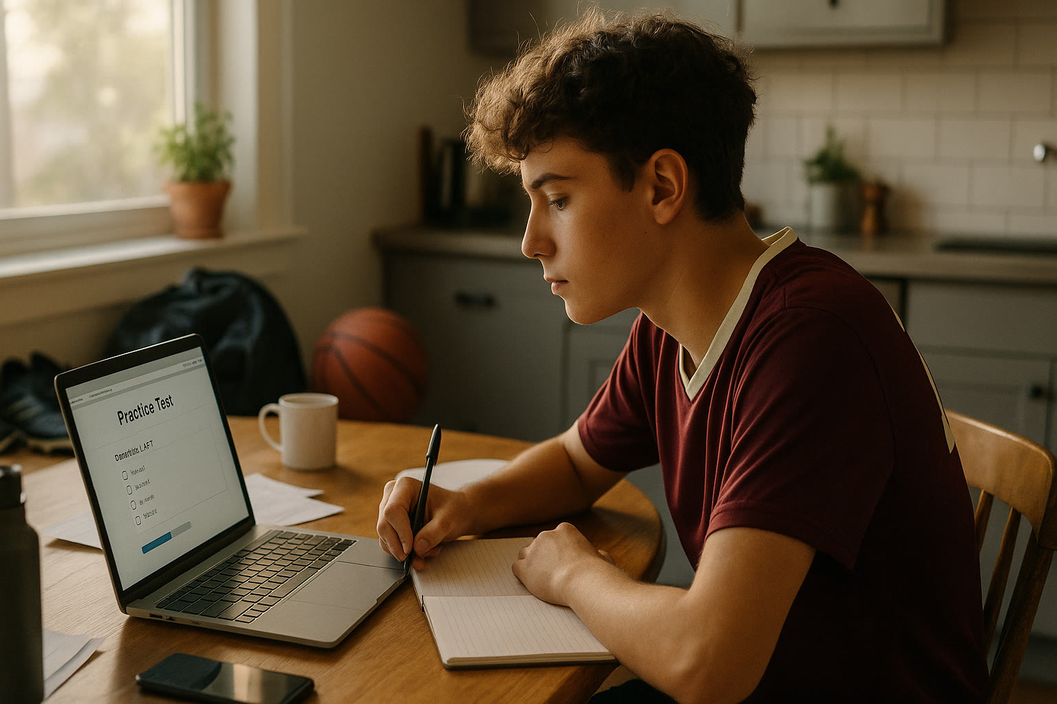 Photo Idea : A candid shot of a high school student in a team uniform sitting at a kitchen table with a laptop open to a practice test, a water bottle and sports gear in the background—showing the blend of sports and study.