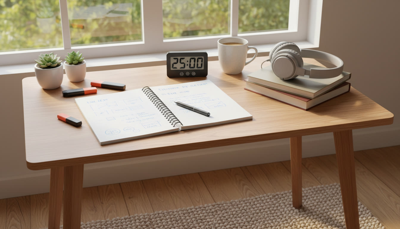 Photo Idea : A cozy study nook with a clean desk, a notebook, a timer, and over-ear headphones resting nearby — natural light streaming from a window to show a peaceful, focused environment.