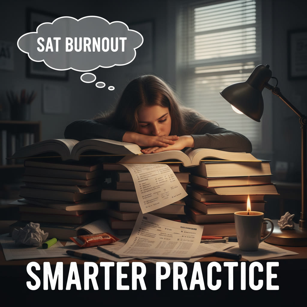 Student at desk looking tired with a stack of practice tests — illustrates burnout and the need for smarter practice