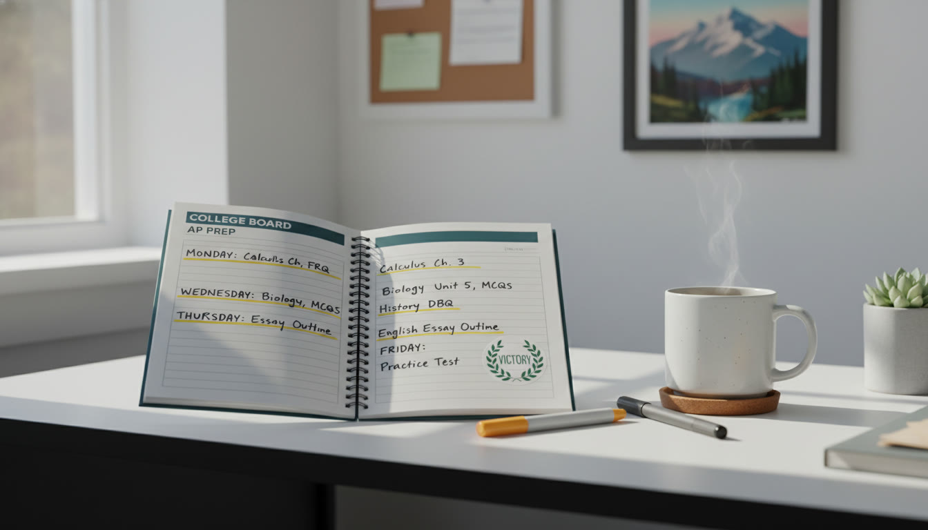 Photo Idea : A tidy desk with a notebook open, a clearly marked weekly plan, and a mug of tea. The scene should feel actionable and calm — a visual cue that planning is the first step to victory.