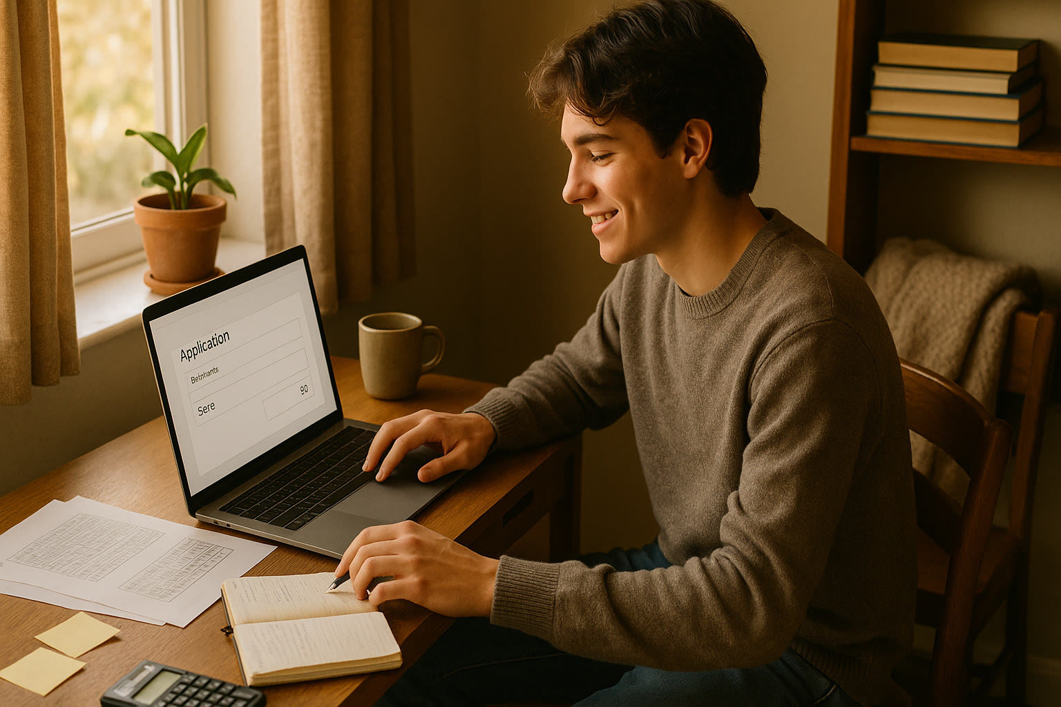 Photo Idea : A high school student with a laptop and paper notes, smiling while entering test scores into an application form. Natural light, cozy study corner.