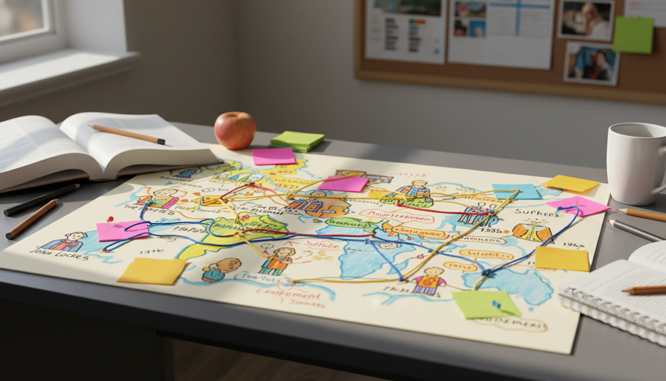 Photo Idea : A bright, hand-drawn map on a desk with sticky notes and colored strings connecting thinkers, movements, and dates — conveys the idea of visually connecting concepts while studying.