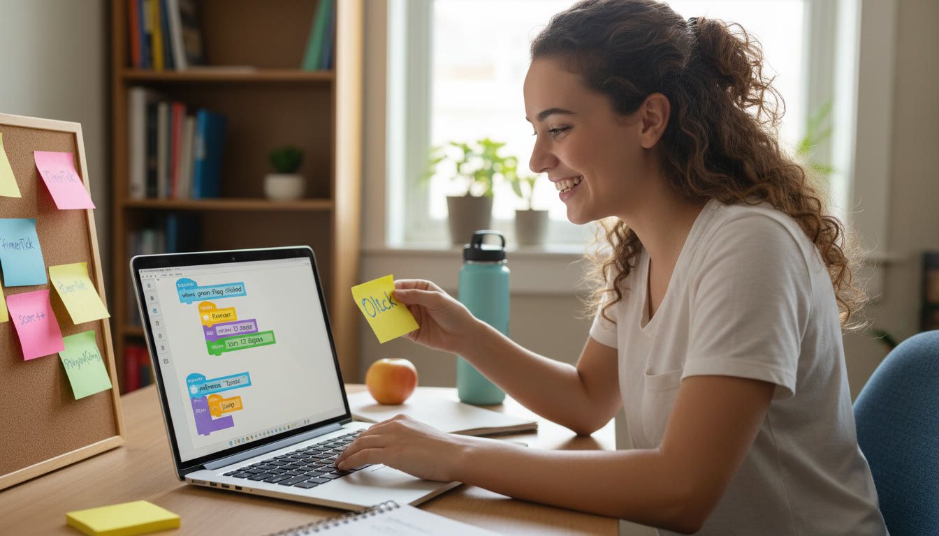 Photo Idea : A student at a laptop with a visible block-based coding environment and sticky notes showing events like