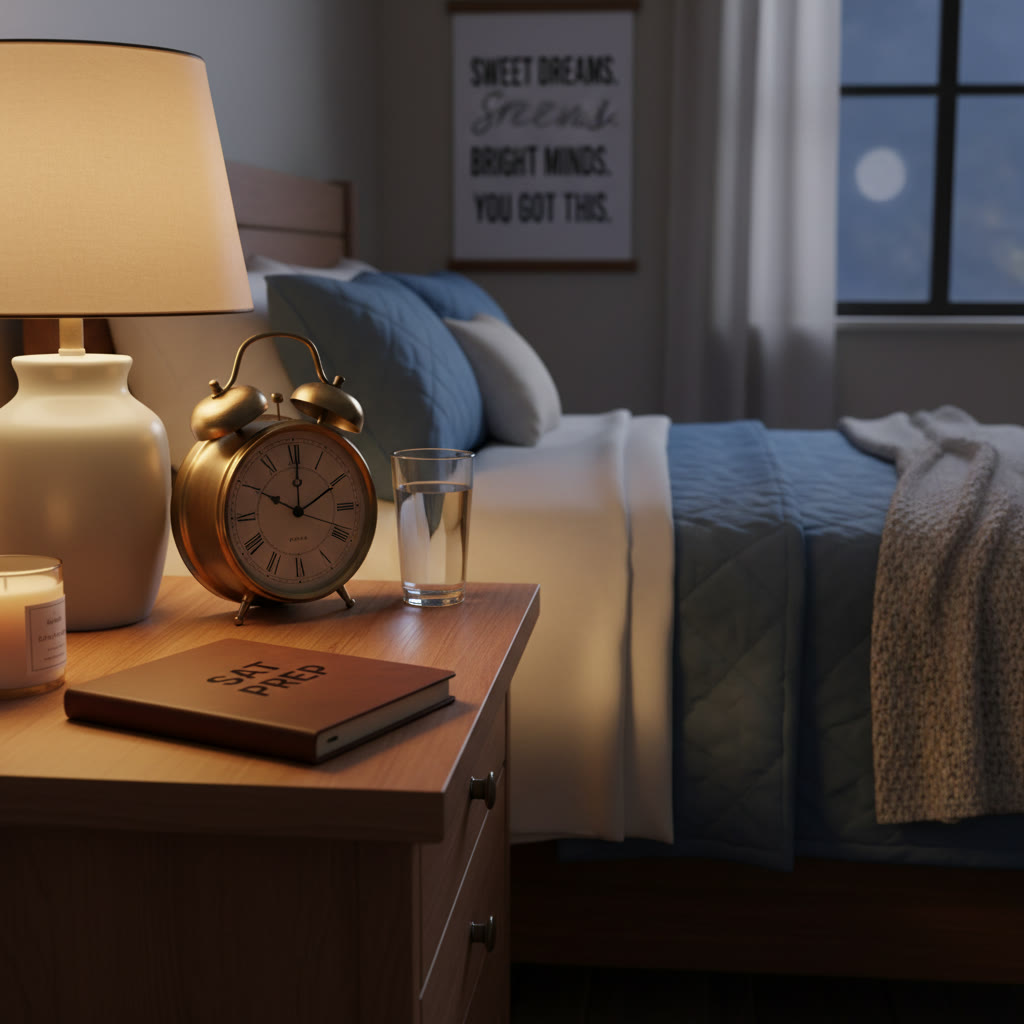 Photo idea: A calm bedside scene with a notebook closed, a dim lamp, and an alarm clock set — showing preparation and routine for good sleep before a test.