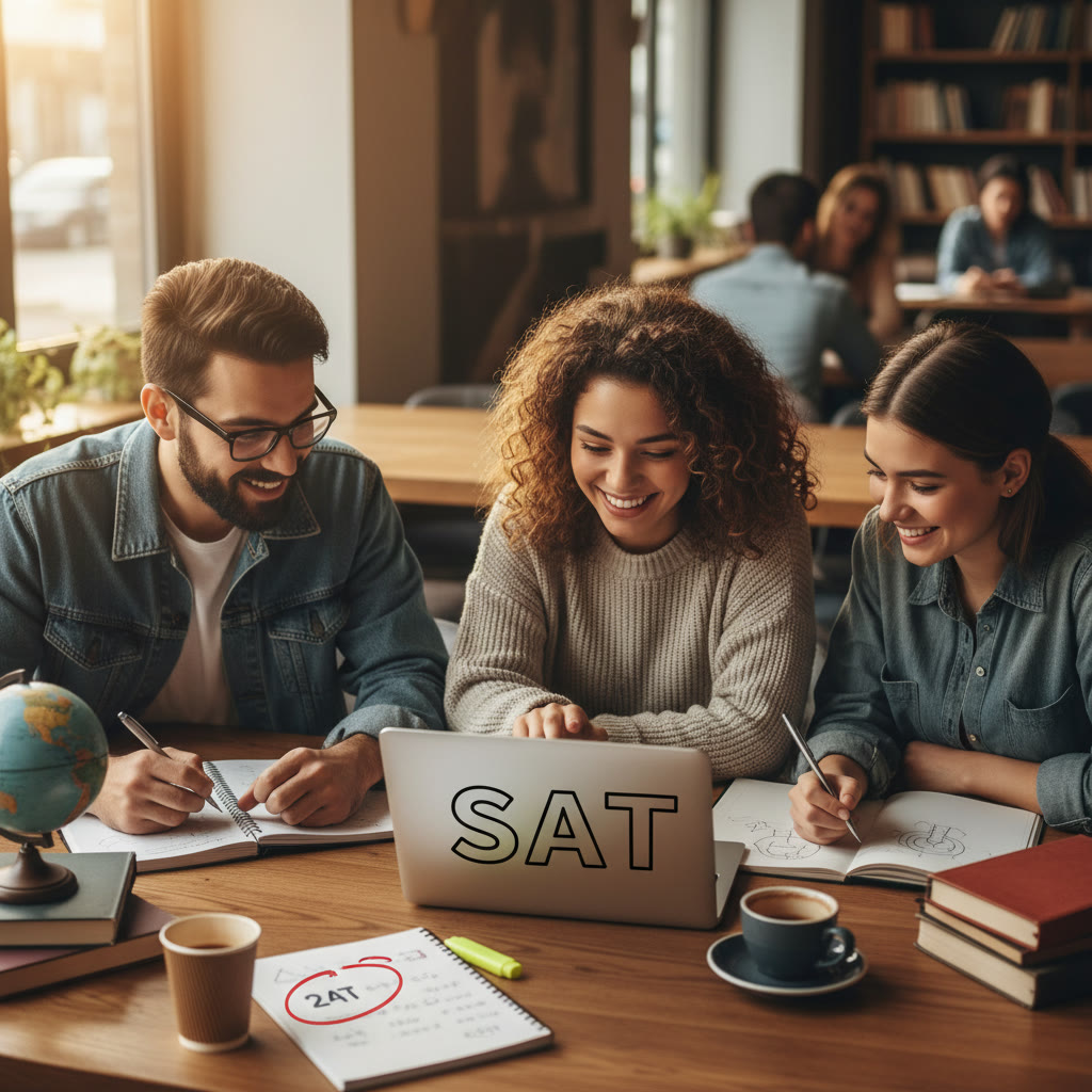 Portrait-style image of three students studying together with notebooks and a laptop — representing different majors and collaboration.