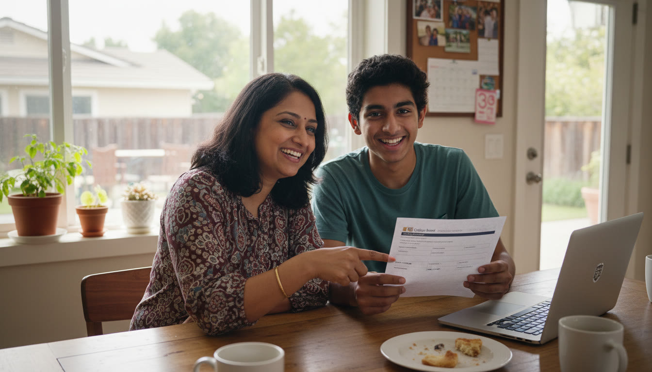 Photo Idea : A parent and student reviewing an AP score report together at the kitchen table, with a laptop open to university application documents—conveys partnership and planning for next steps.