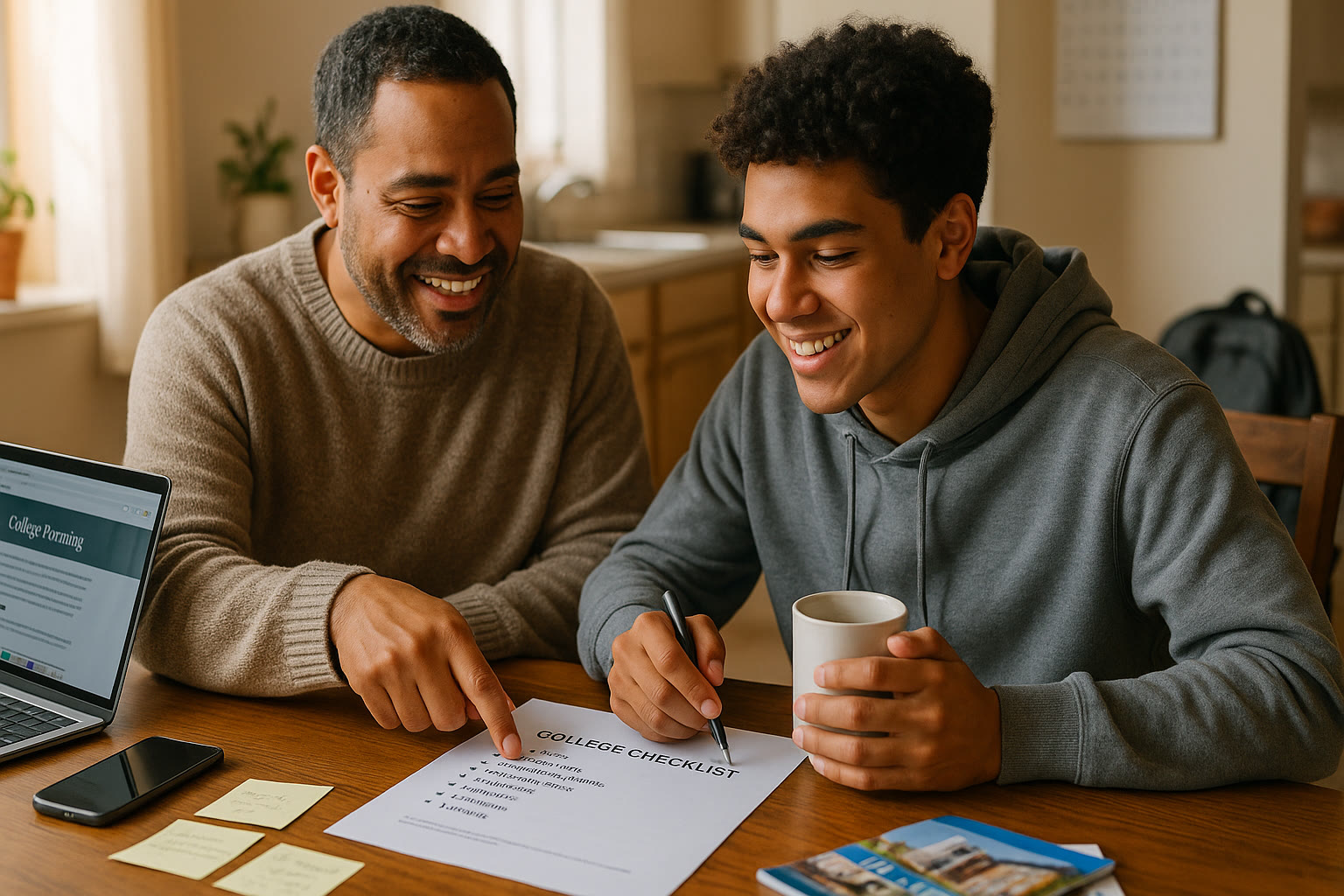 Photo Idea : A candid photo of a parent and high school student at the kitchen table, looking at a college checklist and laptop, smiling and discussing application strategy.