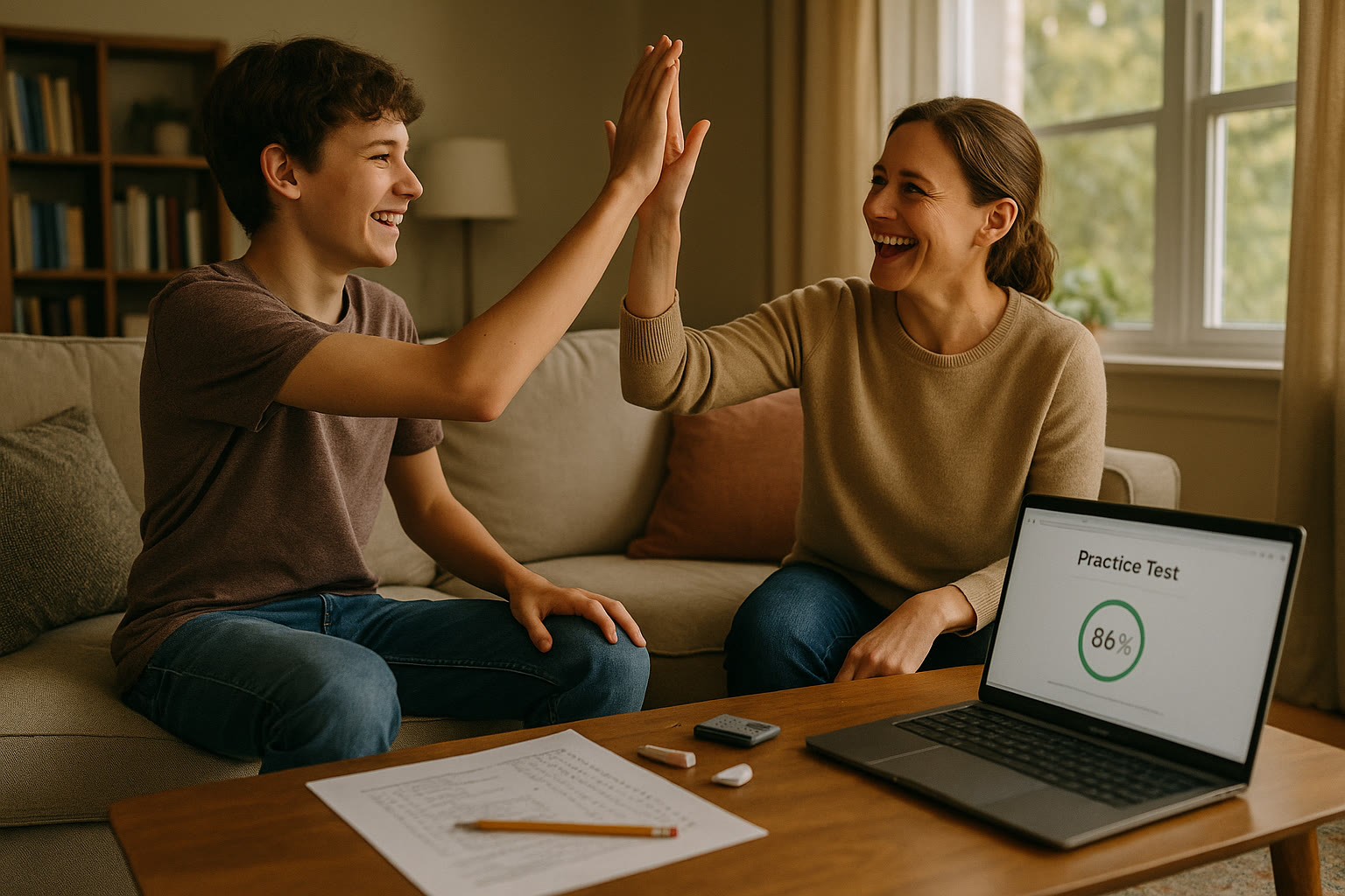 Photo Idea : A celebratory moment after a successful practice test — a student high-fiving a parent in a living room with practice sheets and a laptop visible. The mood is hopeful and relaxed.