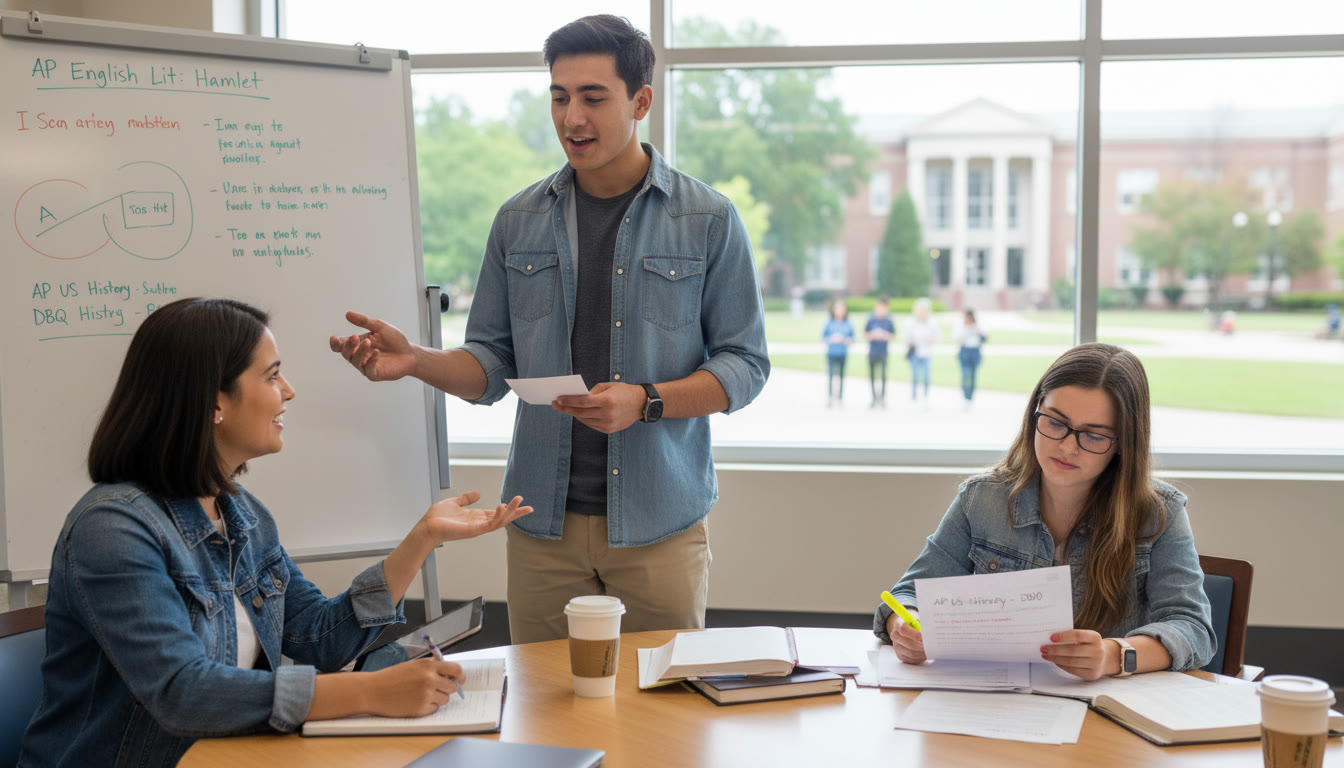 Photo Idea : A small group session with a tutor guiding a student through an oral presentation while another student reviews a marked AP-style essay — highlights collaborative tutoring and targeted feedback.