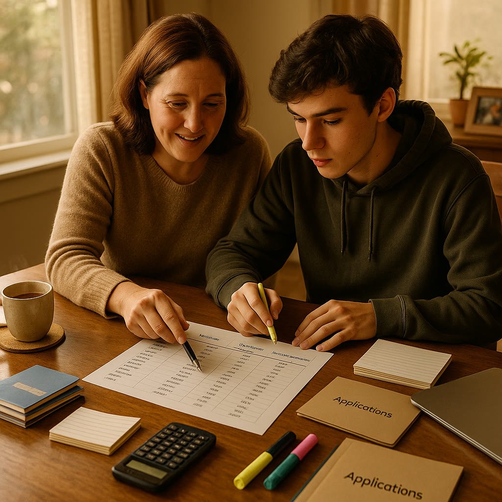 Photo Idea : A cozy late-afternoon scene of a parent and teen reviewing a printed college list and comparing target SAT ranges and GPA requirements, with a cup of tea and organized notes nearby.