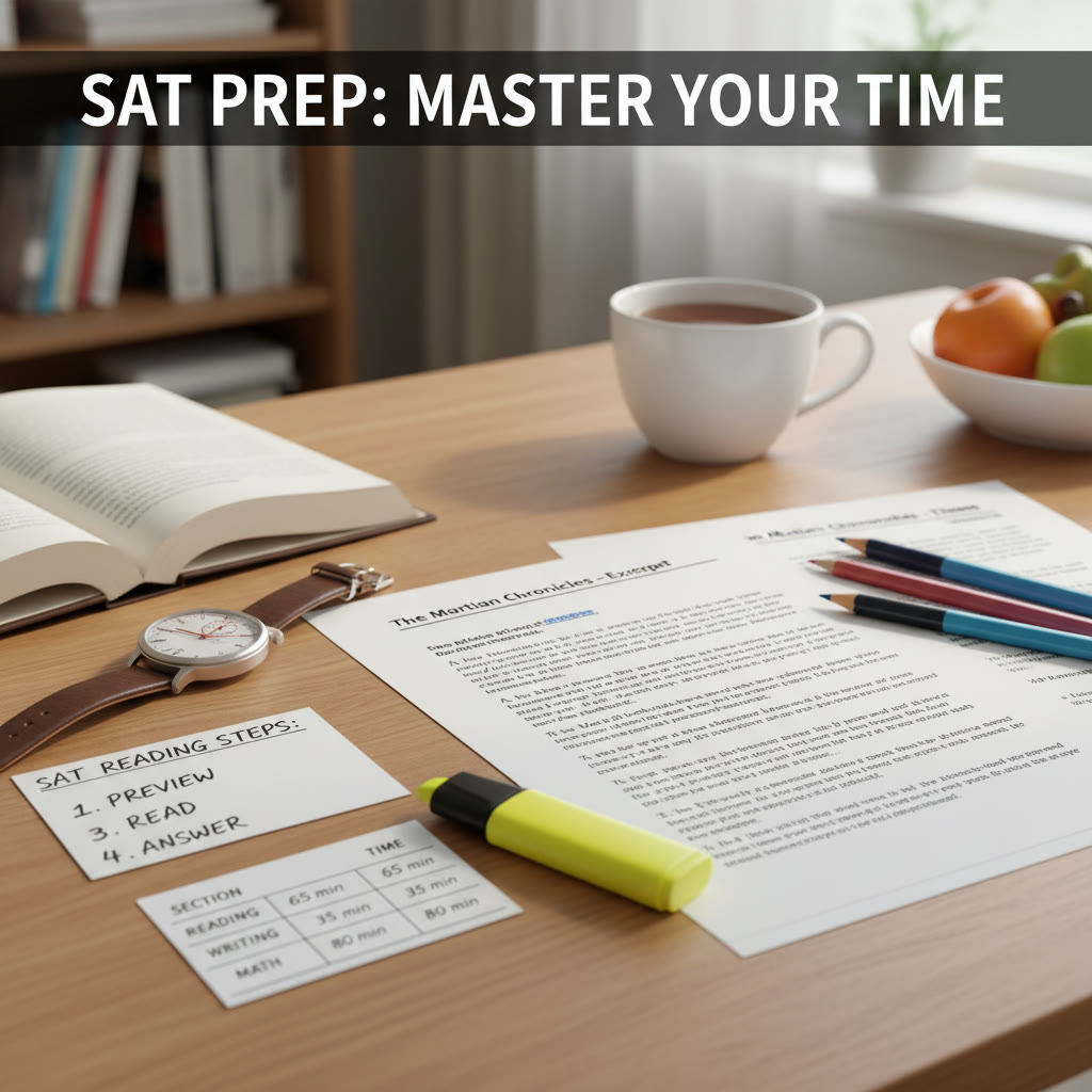 Visual of a simple study desk with a timed practice layout: a printed passage, watch, short checklist of steps (preview, map, read, answer), and a small table of time allocation.