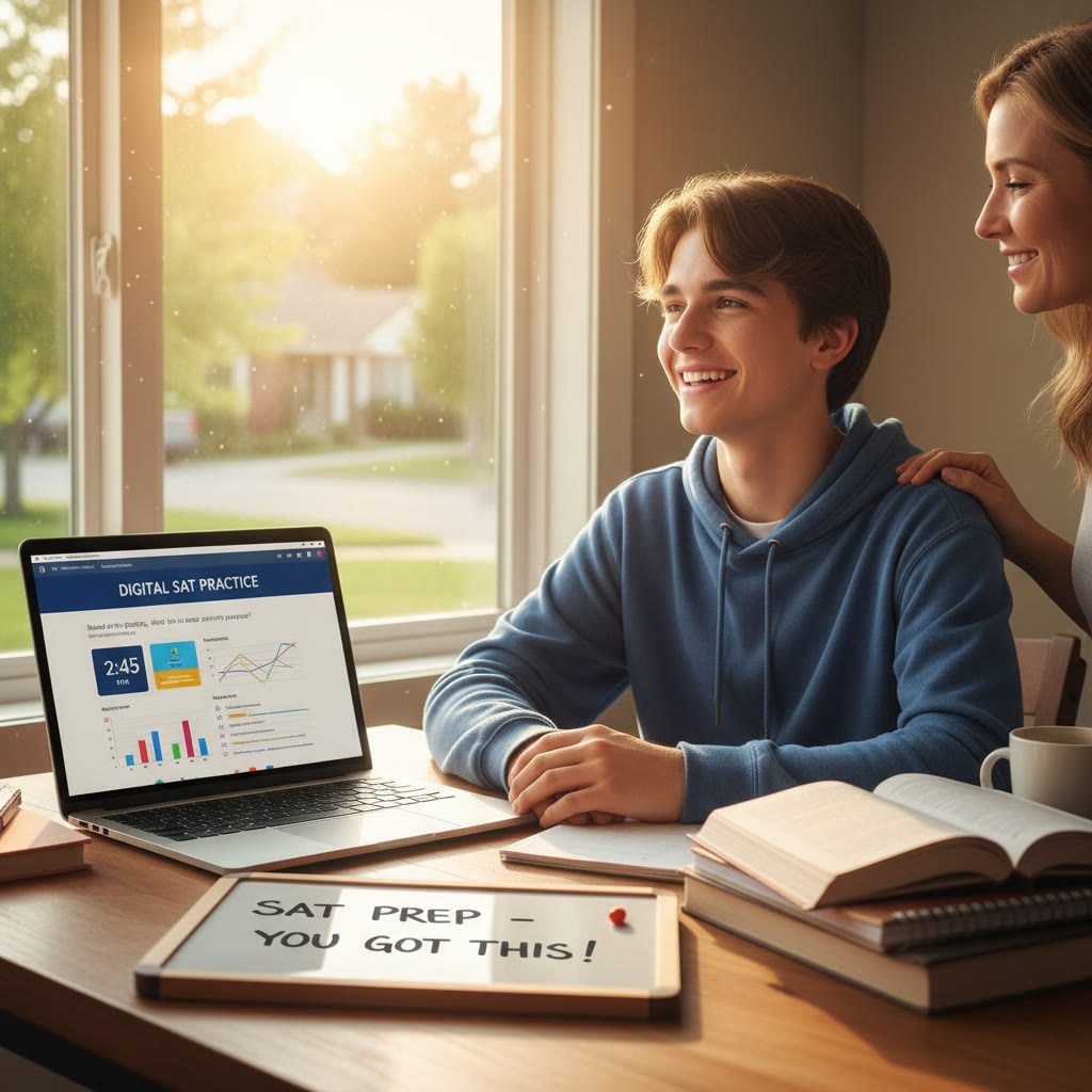 Photo Idea : A high school student studying at a desk with a laptop and Digital SAT practice app open, sunlight through a window, parent nearby offering a supportive hand.