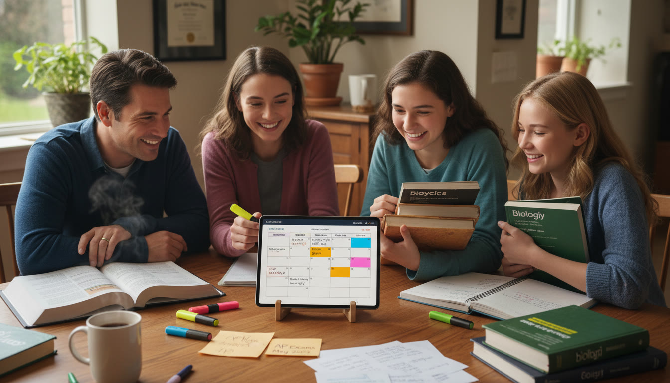 Photo Idea : A bright, inviting kitchen table scene with a family gathered around a tablet showing a colorful shared calendar. Papers, highlighters, and a coffee mug sit nearby to suggest active planning and warm collaboration.