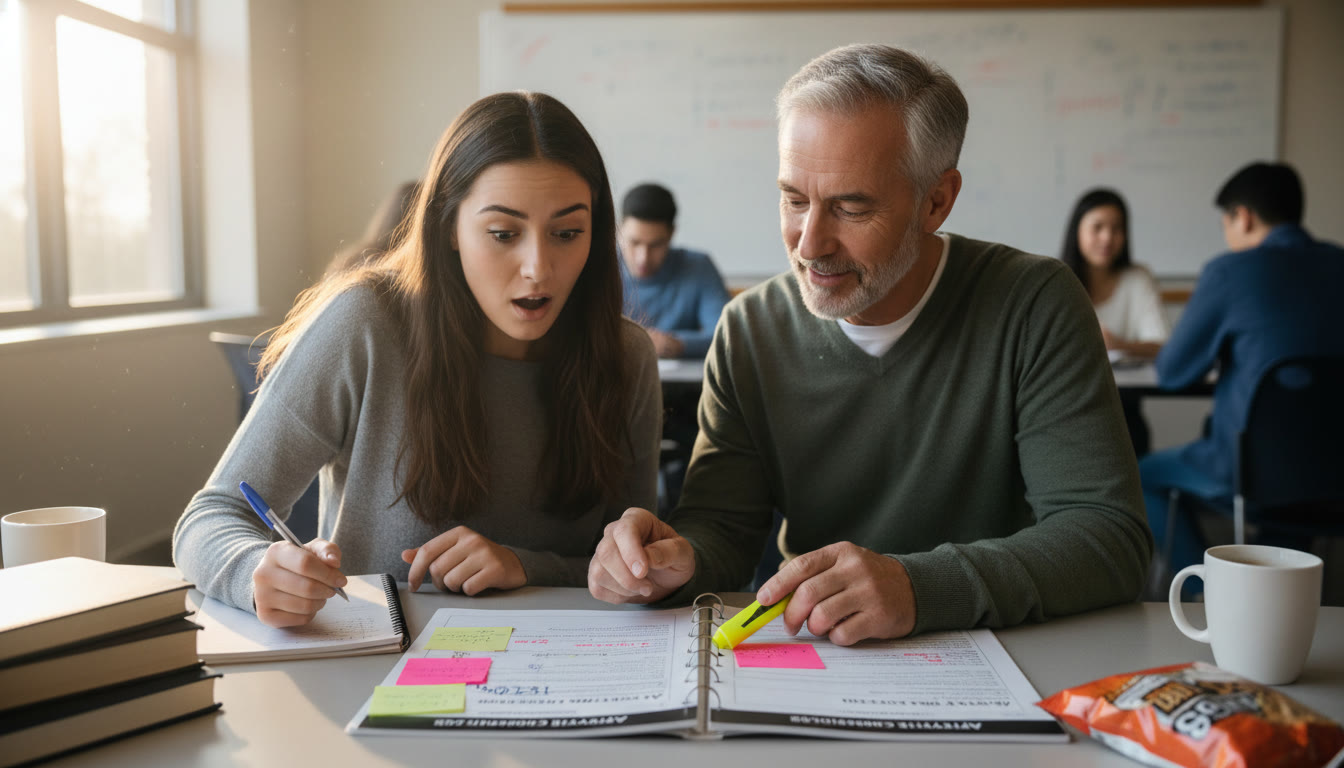Photo Idea : A supportive tutoring session in progress—student and tutor reviewing a printed free-response booklet together, highlighting rubric-aligned points and taking notes. This illustrates how guided review can turn a surprising score into a learning moment.