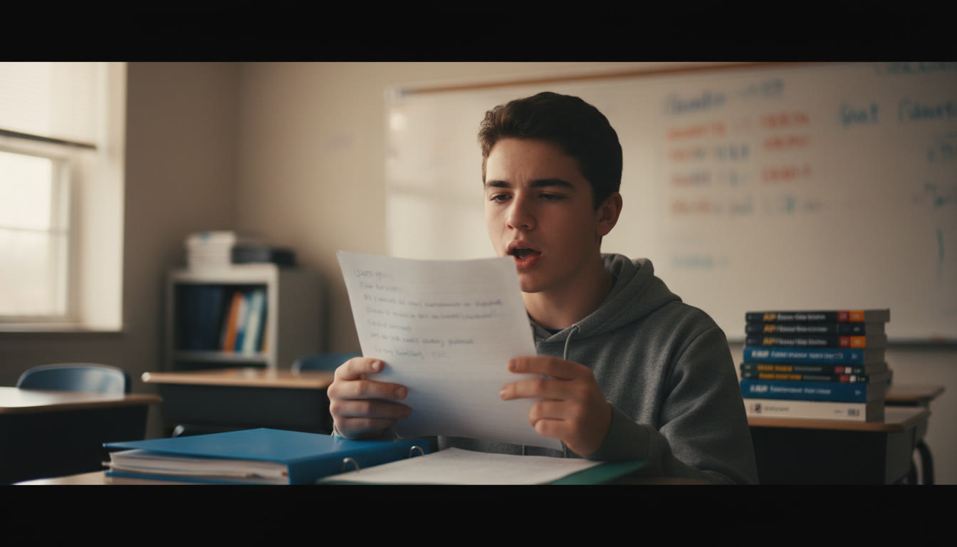 Photo Idea : Close-up photo of a high school student rehearsing with notes in a quiet classroom, mouth forming words clearly, a gentle warm light on their face to suggest focus and intent.