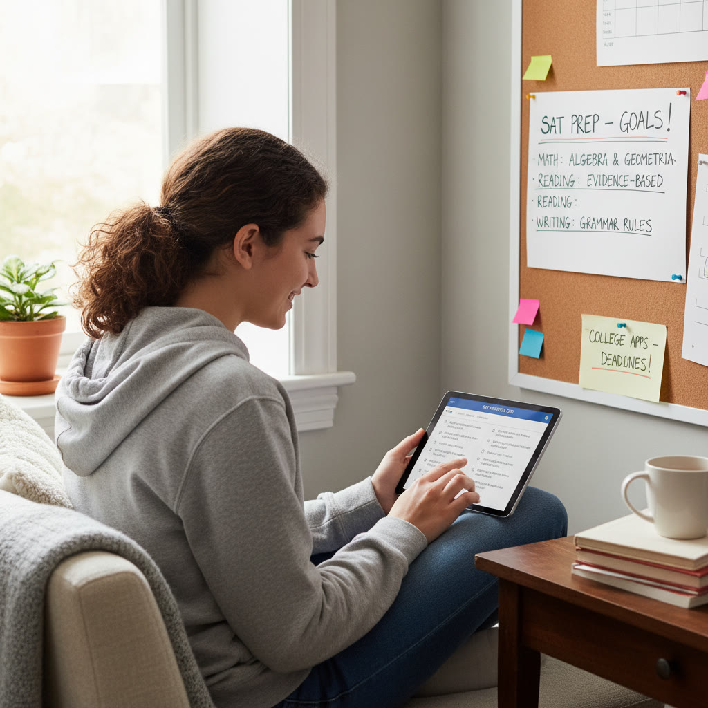 Photo Idea : A high school senior in a quiet study nook taking a digital SAT practice test on a tablet, with notes pinned on a nearby wall. The photo conveys focus and calm preparedness.