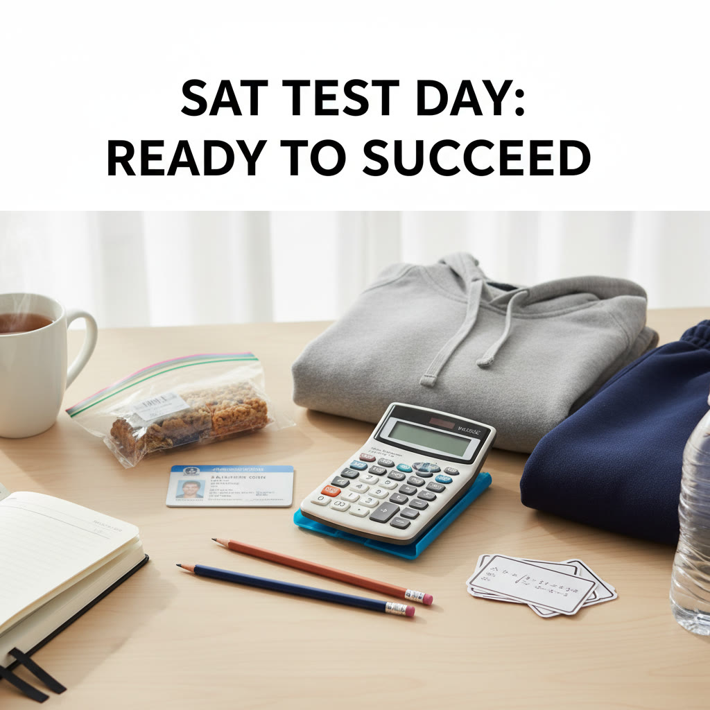 Test-day readiness scene: laid-out test essentials including pencil, calculator, ID, and comfortable clothes, with a calm morning light to convey low-stress preparedness.