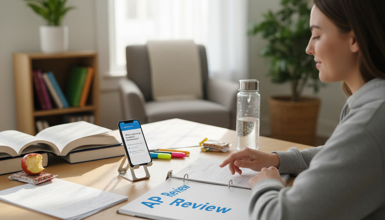 Photo Idea : A calm study scene showing a student’s desk with a phone open to a flashcard review, a water bottle, and a binder labeled “AP Review.” Place this image in the bottom 30% of the article near the closing section to reinforce the habit-building narrative.
