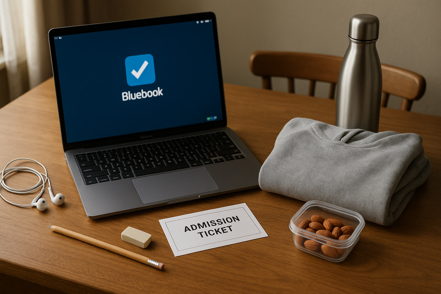 Photo Idea : A tidy test-day pack laid out on a table: a charged laptop or approved device with Bluebook icon visible, admission ticket, comfortable clothes, a water bottle, and a small container of almonds—conveys calm preparation.
